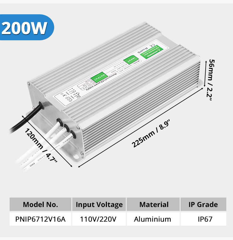 200W 12V 16.6A Power Supply IP67 Waterproof Transformer