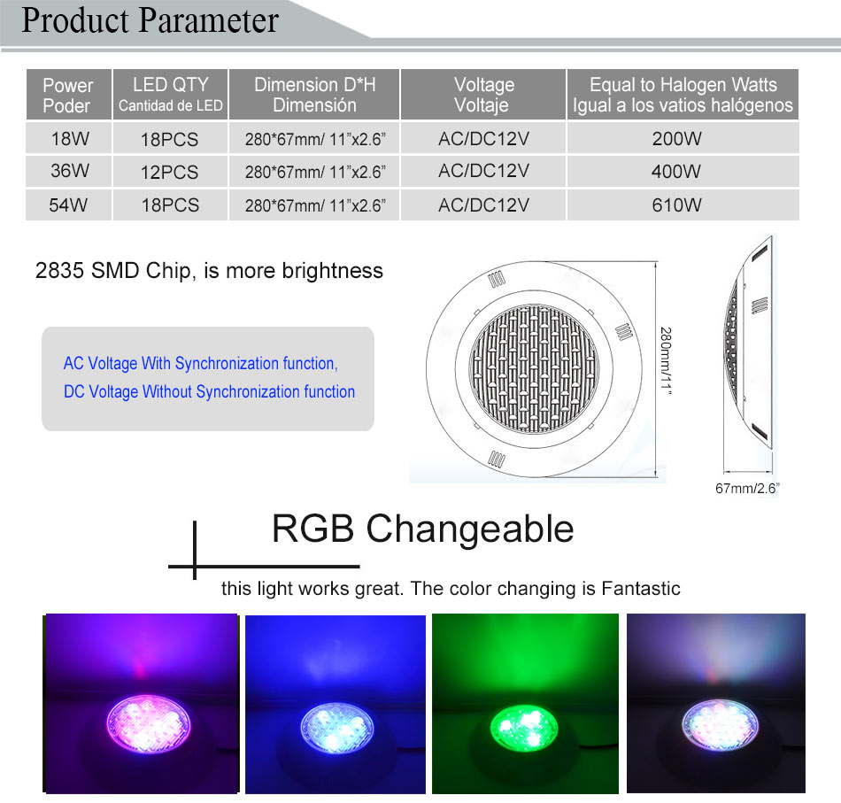 54W RGB High Power led swimming pool light IP68 AC12V