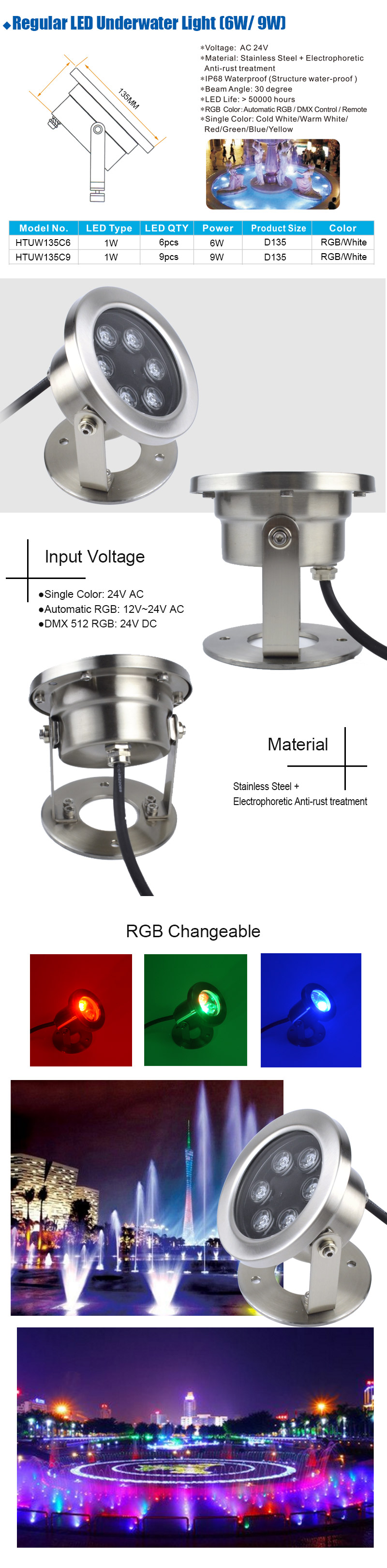 6W 9W Stainless Steel High Power RGB led underwater light IP68