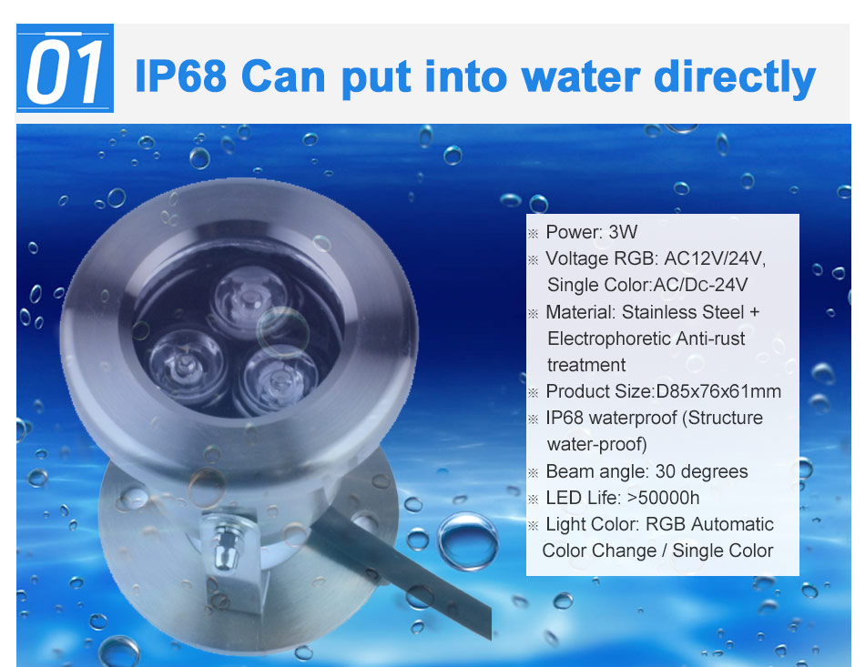 3W Stainless Steel High Power RGB led underwater light IP68