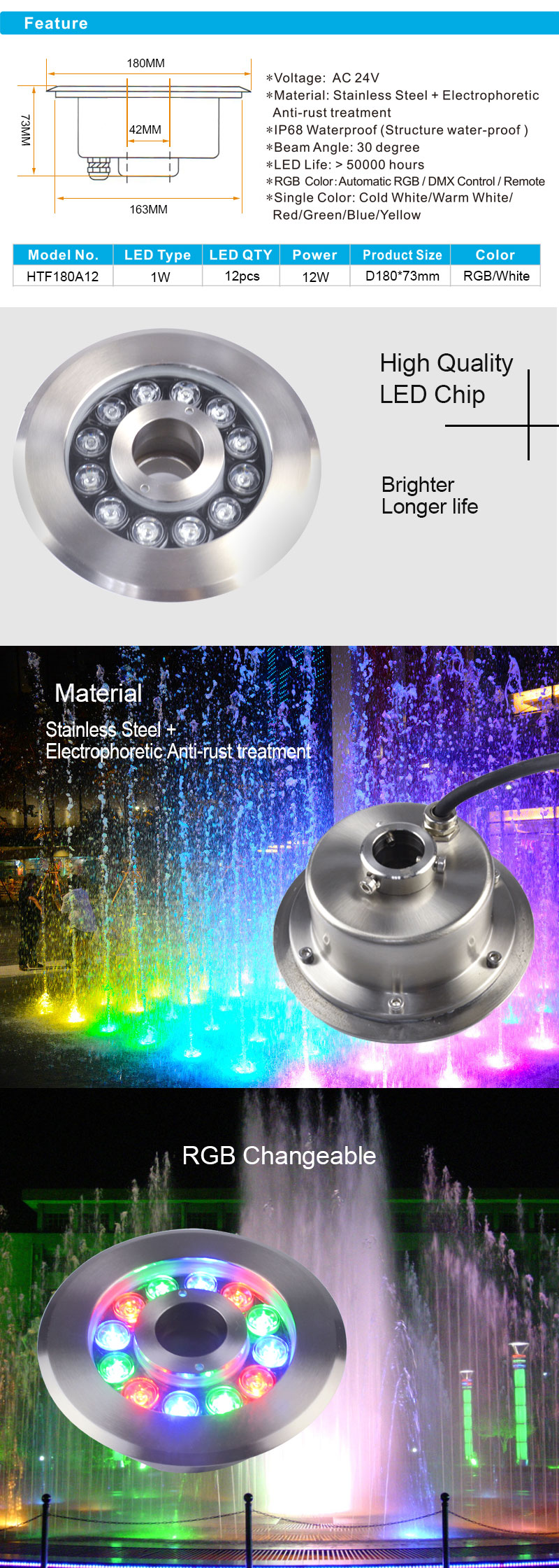 12W Stainless Steel High Power RGB led Fountain light IP68