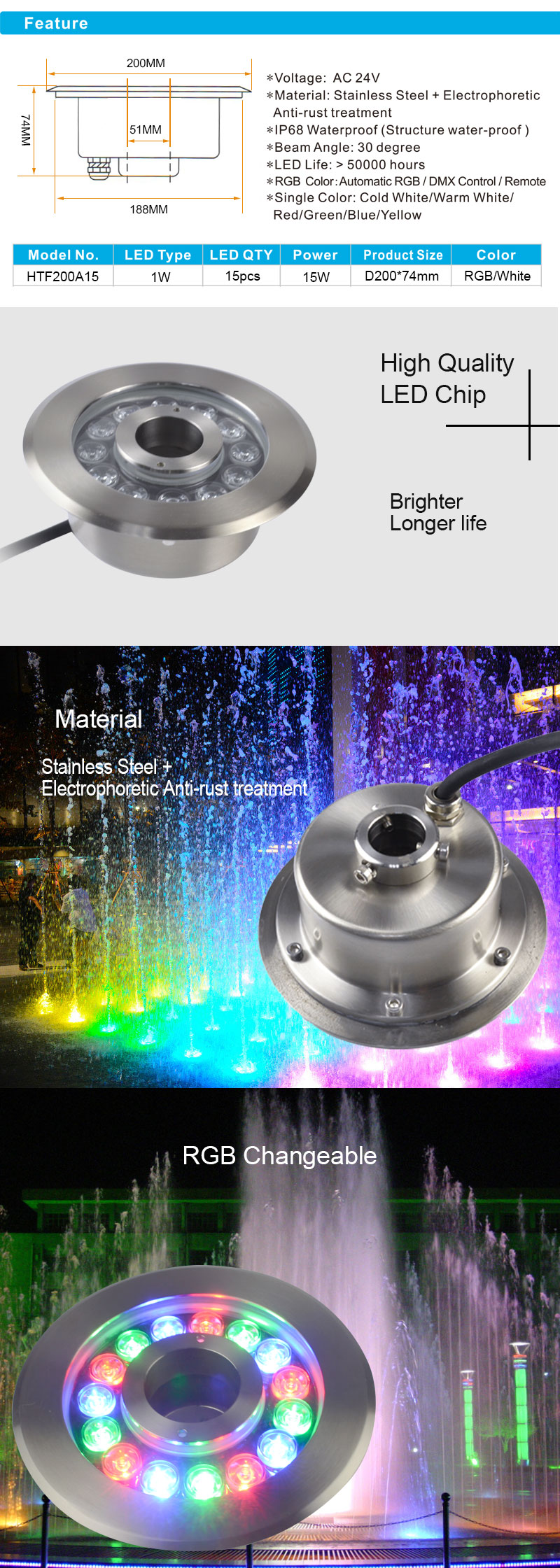 15W Stainless Steel High Power RGB led Fountain light