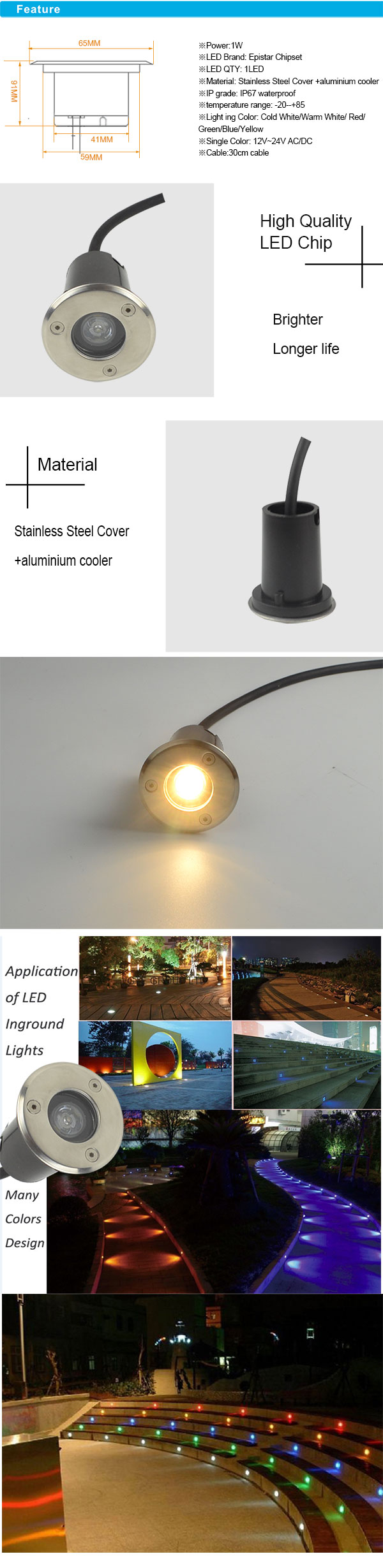 1W IP67 Stainless Steel Single Color LED Inground with  Aluminum