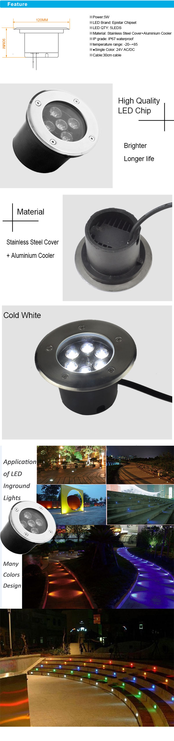 5W IP67 Stainless Steel SINGLE Color LED Inground with Aluminum