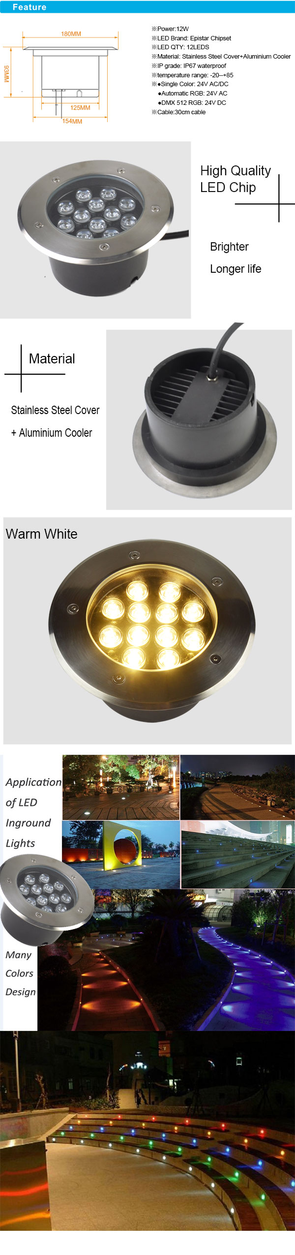 12W IP67 Stainless Steel RGB LED Inground with Aluminum Cooler