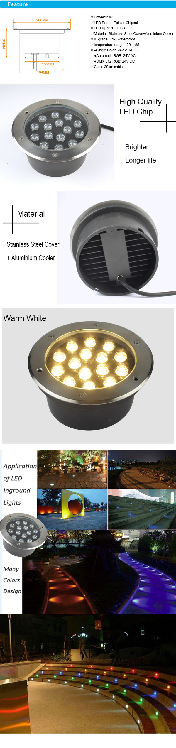15W IP67 Stainless Steel RGB LED Inground with Aluminum Cooler