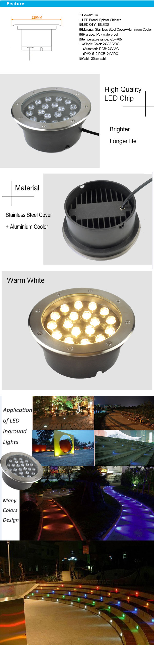 18W IP67 Stainless Steel RGB LED Inground with Aluminum Cooler