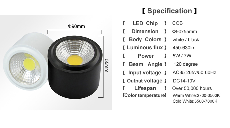 COB SMD 7W LED Downlight Light Llights 85~265V with 600lm