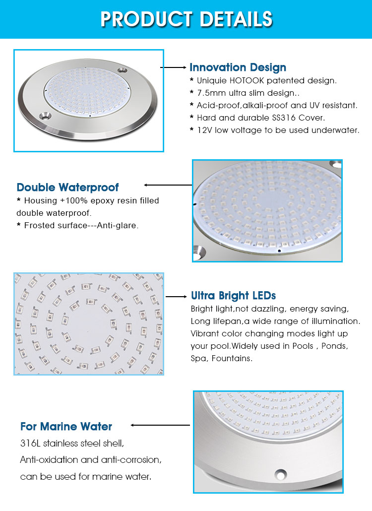 HOTOOK Patent 7mm Ultra Thin Stainless Steel 316 LED Pool Light