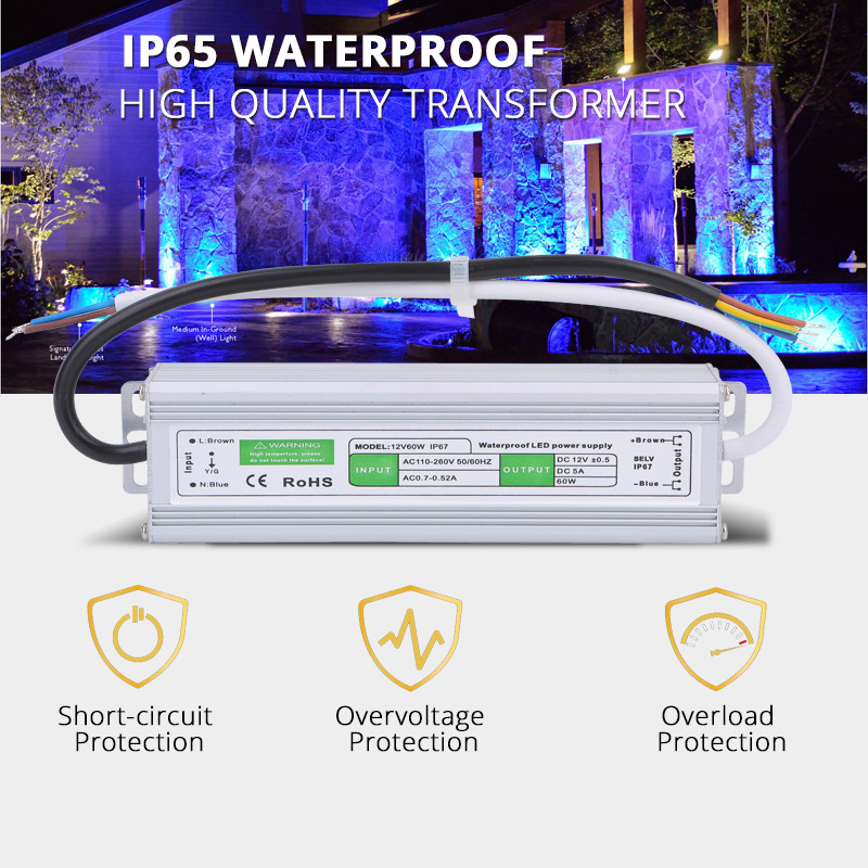 60W  DC12V 5A IP67 Waterproof LED Transformer