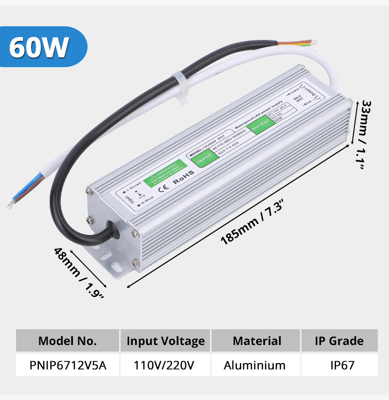 60W  DC12V 5A IP67 Waterproof LED Transformer